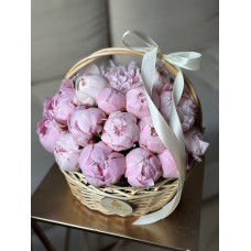 Розовые пионы в корзине 25 см (25 шт)