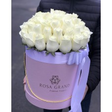 Белые розы в розовой коробке (M) 43-47 роз