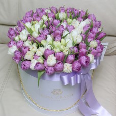 Пионовидные белые и сиреневые тюльпаны в шляпной коробке (L) до 149 шт.